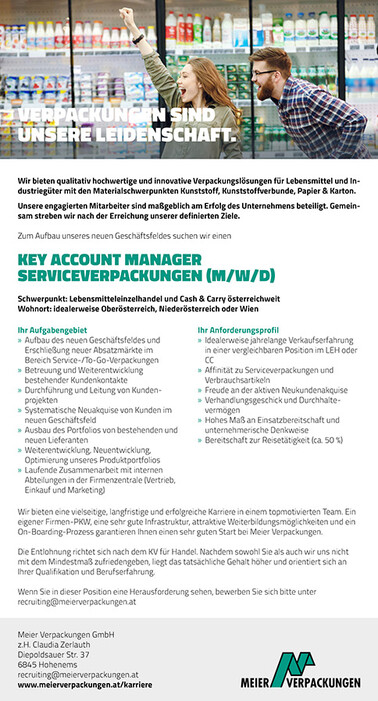 Stelleninserat Key Account Manager Serviceverpackungen