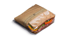 Snacktasche FAIRPAC für Sandwiches &amp; Co, Kraftpapier braun/Sichtfenster Zellulose, Motiv: &quot;Holzoptik&quot;, B 280 mm x L 303 mm, braun