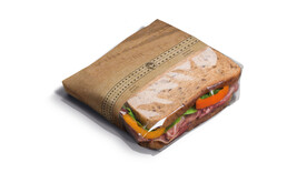 Snacktasche für Sandwiches &amp;amp; Co, Kraftpapier braun/Sichtfenster Zellulose, Motiv: &amp;quot;Holzoptik&amp;quot;, B 280 mm x L 303 mm, braun, fettdicht: Ja, A-Nr.: 96500 - 01