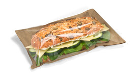 Snacktasche FAIRPAC XL für Sandwiches &amp; Co, Kraftpapier braun/Sichtfenster Zellulose, Motiv: &quot;Holzoptik&quot;, B 280 mm x L 140 mm, braun