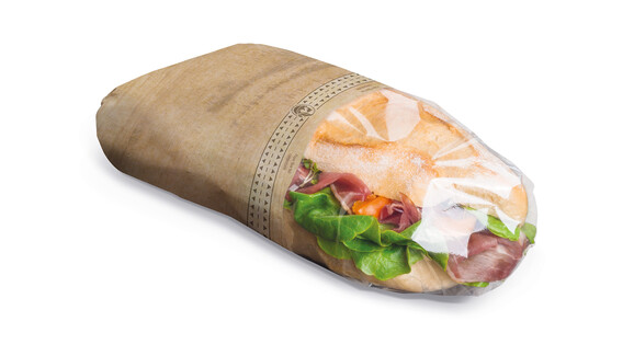 Snacktasche FAIRPAC XL für Sandwiches &amp; Co, Kraftpapier braun/Sichtfenster Zellulose, Motiv: &quot;Holzoptik&quot;, B 303 mm x L 400 mm, braun, A-Nr.: 96499 - 01
