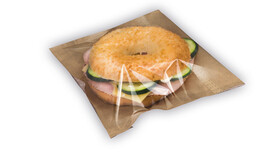 Snacktasche FAIRPAC für Sandwiches &amp; Co, Kraftpapier braun/Sichtfenster Zellulose, Motiv: &quot;Holzoptik&quot;, B 200 mm x L 180 mm, braun