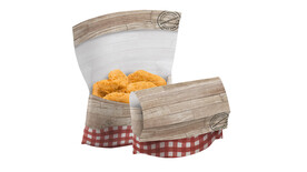 Snackbeutel FAIRPAC für Fingerfood &amp; Co, Kraftpapier braun, Motiv: &quot;Holzoptik, kariert&quot;, B 180 mm x L 180 mm, braun, rot-weiß