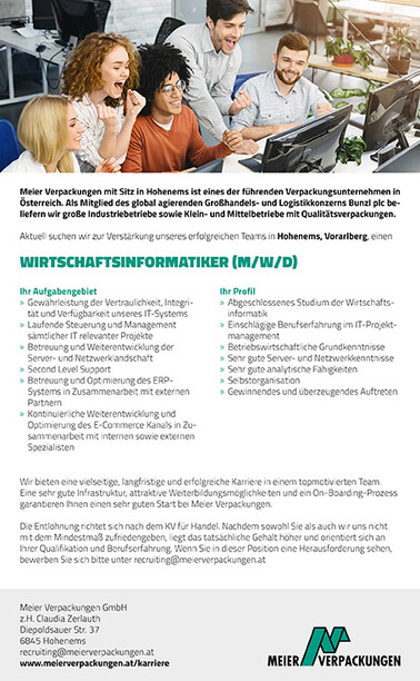 Stelleninserat Wirtschaftsinformatiker (m/w/d), Meier Verpackungen, Hohenems, Vorarlberg, Österreich 