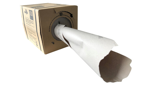 Stopfpapier in Spenderbox, Qualität: 100% Recyclingpapier, Materialstärke: 70 g/m², Farbe: braun, unbedruckt, Rollenbreite: 390 mm, Rollenlänge: ca. 450 lfm, A-Nr.: 10204 - 01