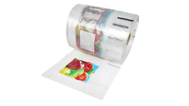 Beutel auf Rolle für 2 kg Äpfel mit Griff, RPE, 38 my, Motiv: &amp;quot;Äpfel neutral&amp;quot;, B 330 mm x L 380 mm + 2 x 50 mm BF + 120 mm Griffverstärkung, transparent, gelocht, A-Nr.: 97224 - 01