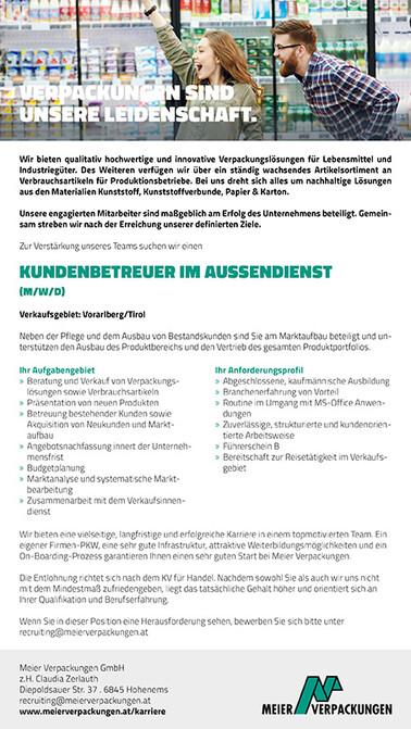 Stelleninserat Außendienstmitarbeiter im Bereich Verpackungs- &amp; Verbrauchsartikel (m/w/d), Meier Verpackungen