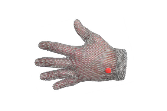 Kettenhandschuh kurz, Größe: M - rot, für Rechtshänder, grau, aus rostfreiem Stahl; Durchmesser Draht: 0,5 mm; Ringdurchmesser innen: 3 mm; Ringdurchmesser außen: 4 mm;