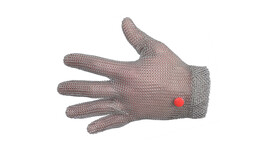 Kettenhandschuh kurz, Größe: M - rot, für Rechtshänder, grau, aus rostfreiem Stahl; Durchmesser Draht: 0,5 mm; Ringdurchmesser innen: 3 mm; Ringdurchmesser außen: 4 mm;
