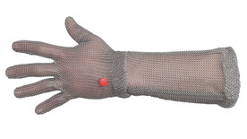 Kettenhandschuh lang, Größe: L - blau, für Rechtshänder, grau, aus rostfreiem Stahl; Durchmesser Draht: 0,5 mm; Ringdurchmesser innen: 3 mm; Ringdurchmesser außen: 4 mm, Länge: 220 mm