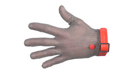 Kettenhandschuh kurz, Größe: L - blau, für Rechtshänder, grau, aus rostfreier Stahl und Hygiene-Fixierband aus Polyurethanl; Durchmesser Draht: 0,5 mm; Ringdurchmesser innen: 3 mm; Ringdurchmesser außen: 4 mm