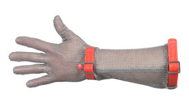Kettenhandschuh lang, Größe: M - rot, für Rechtshänder, grau, aus rostfreiem Stahl und Hygiene-Fixierband aus Polyurethan; Durchmesser Draht: 0,5 mm; Ringdurchmesser innen: 3 mm; Ringdurchmesser außen: 4 mm, Länge 210 mm