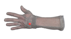 Kettenhandschuh lang, Größe: M - rot, für Rechtshänder, grau, aus rostfreiem Stahl inkl. pantentierter Feder; Durchmesser Draht: 0,5 mm; Ringdurchmesser innen: 3 mm; Ringdurchmesser außen: 4 mm, Länge: 210 mm, enganliegend auch an den Fingern durch das F