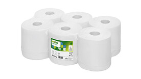 Rollenhandtuch Satino Comfort , Ø 20 cm, L 20 cm x B 35 cm, Länge: 300 lfm, Qualität: Recyclingmaterial, EU Ecolabel, 1-lagig, Farbe: weiß, Eigenschaften: geprägt, Innenabwicklung, Menge/Einheit: 857 Blatt/Rolle