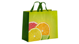 Non woven Tragetasche mit Henkel, Motiv: &amp;quot;Obst&amp;quot;, Qualität: PP weiß laminiert + matte BOPP Folie, 102 my, weiß, Format: B 450 mm x L 400 mm + 2 x 110 mm BF, A-Nr.: 11286 - 01