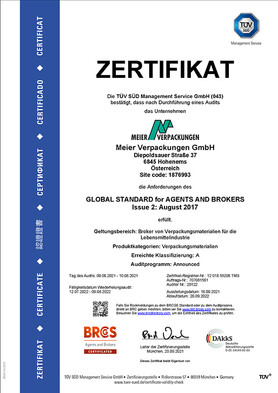 Meier Verpackungen, Zertifikat BRC Global Standard for Agents &amp; Brokers (Deutsch)