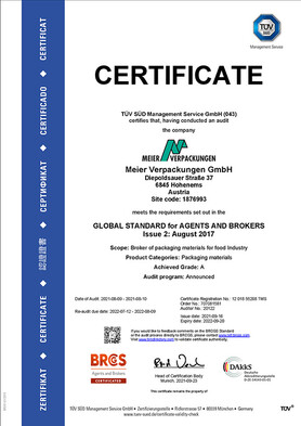 Meier Verpackungen, Certificate BRC Global Standard for Agents &amp; Brokers (English)