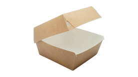 Burgerbox to go, 115 x 115 x 75 mm, Karton/PE, natur, mit anhängendem Deckel, A-Nr.: 95121 - 01