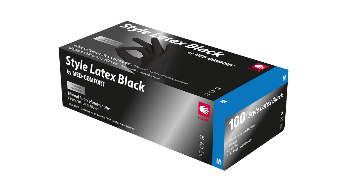 Handschuhe Style Latex Black, Größe XL, puderfrei, schwarz, unsteril, polymerbeschichtet, innen chloriert, Qualität: Latex, Polymer-Beschichtung, vollflächig angeraut, AQL 1,5, &gt;= 240 mm lang