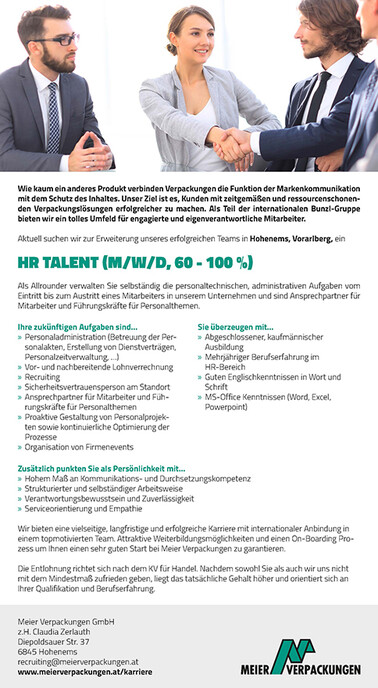 Stelleninserat HR Talent, Hohenems, Vorarlberg, Österreich
