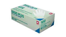 Handschuhe Basic Plus, Größe M, puderfrei, beige, unsteril, Qualität: Latex, Polymer-Beschichtung, vollflächig angeraut, AQL 1,5, &gt;= 240 mm lang