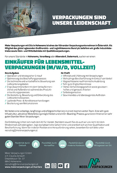 Einkaufsmitarbeiter Lebensmitteverpackungen Hohenems, Vorarlberg, Albersdorf, Steiermark, Österreich