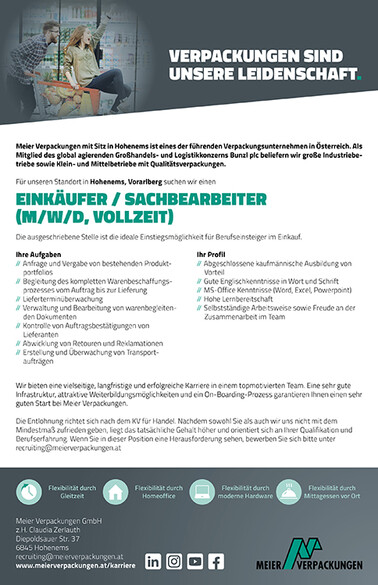 Stelleninserat Mitarbeiter Einkauf/ Sachbearbeitung, Hohenems, Vorarlberg, Österreich