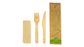 Einweg-Besteckset (Messer, Gabel, Serviette), gewachstes Holz, natur, VERIVE
