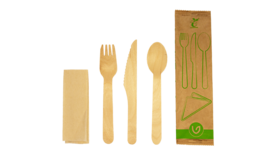 Einweg-Besteckset (Messer, Gabel, Löffel, Serviette), gewachstes Holz, natur, VERIVE