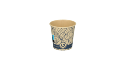 Coffee to go Becher, 100 ml, Ø 62 mm, 60 mm, Bambuspapier/wasserbasierte Beschichtung, braun, Motiv: blue - waves, VERIVE
