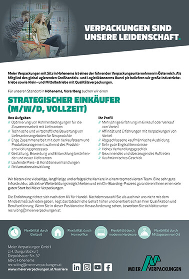 Stelleninserat Mitarbeiter strategischer Einkauf, Hohenems, Vorarlberg, Österreich