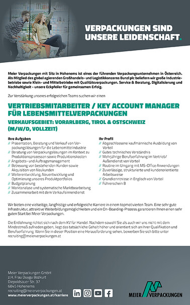 Stelleninserat Key Account Manager für Lebensmittelverpackungen