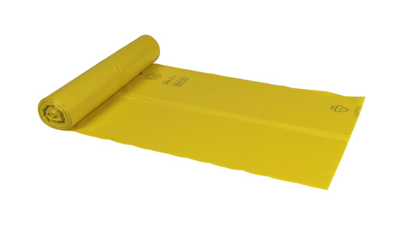 Müllsack, LDPE, 34 my, 120 Liter, B 700 mm x L 1.100 mm, Recycling, gelb, unbedruckt, mit Abreißperforation auf Rolle, 25 Stk./Rolle, A-Nr.: 14729 - 01