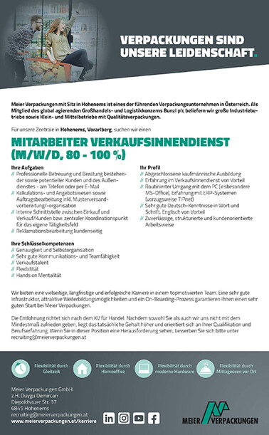 Stelleninserat Mitarbeiter Verkaufsinnendienst, Hohenems, Vorarlberg, Österreich