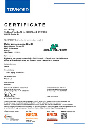 Meier Verpackungen, Certificate BRC Global Standard for Agents &amp; Brokers (English)