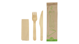 Einweg-Besteckset (Messer, Gabel, Serviette), gewachstes Holz, natur, VERIVE