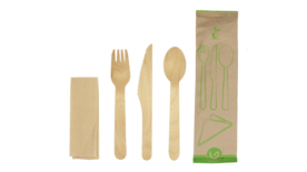 Einweg-Besteckset (Messer, Gabel, Löffel, Serviette), gewachstes Holz, natur, VERIVE