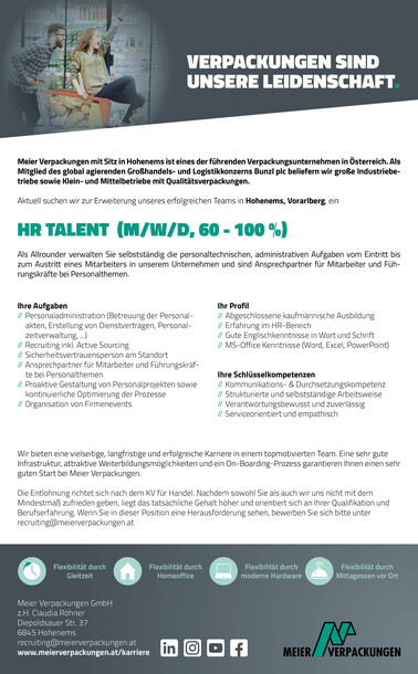 Stelleninserat HR-Talent(m/w/d), Meier Verpackungen, Hohenems, Vorarlberg, Österreich 