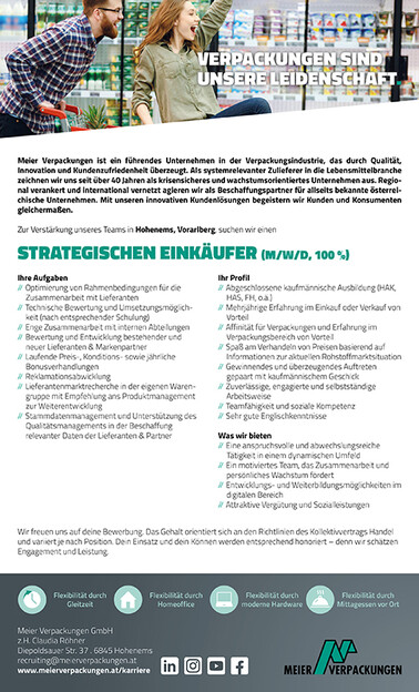 Stelleninserat Mitarbeiter strategischer Einkauf, Hohenems, Vorarlberg, Österreich