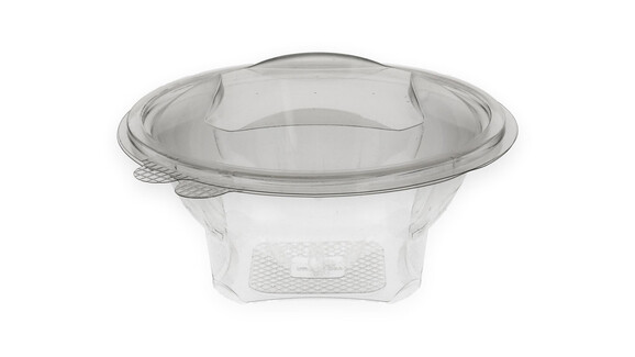 Klappbox, 600 ml, Ø 175 mm, 85 mm, RPET, transparent, mit anhängendem Deckel, Verive, A-Nr.: 80434 - 01