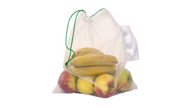 Flachbeutel waschbar, 3 Stk./Set für Obst &amp; Gemüse, PET, Motiv: &quot;www.meierverpackungen.at&quot;, , Innenmaß: B 280 mm x L 340 mm, weiß, mit Papierbanderole und Polyesterlabe, waschbar, 3 Stk./Set