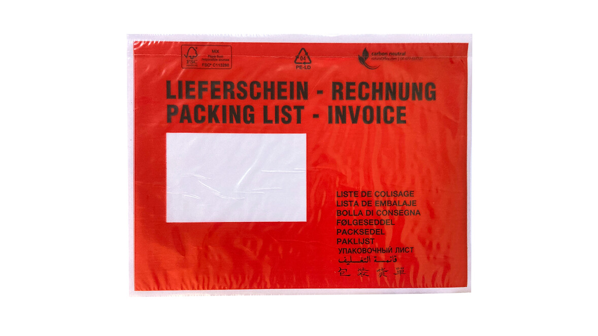 Dokumentenschutztasche C5, LDPE, Motiv: &quot;Lieferschein, Rechnungen, Packing List, Invoice&quot;, B 235 mm x L 175 mm, Innenmaß: B 225 mm x L 165 mm, transparent, unbedruckt, Querformat, mit Adhäsionsverschluss, Lasche separat, FSC-zertifiziert, A-Nr.: 16500 - 01