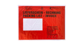 Dokumentenschutztasche C5, LDPE, Motiv: &amp;quot;Lieferschein, Rechnungen, Packing List, Invoice&amp;quot;, B 235 mm x L 175 mm, Innenmaß: B 225 mm x L 165 mm, transparent, unbedruckt, Querformat, mit Adhäsionsverschluss, Lasche separat, FSC-zertifiziert, A-Nr.: 16500 - 01