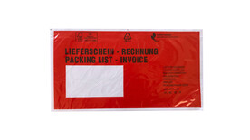 Dokumentenschutztasche DIN Lang, LDPE, Motiv: &amp;quot;Lieferschein, Rechnungen, Packing List, Invoice&amp;quot;, B 240 mm x L 131 mm, Innenmaß: B 230 mm x L 121 mm, transparent, Querformat; mit Adhäsionsverschluss, Lasche separat, A-Nr.: 16759 - 01