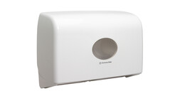 Toilettenpapierspender Kimberly-Clark Aquarius™ Twin Mini Jumbo 6947, L 29,2 cm x B 45,9 cm x H 12,3 cm, weiß, manuelle Entnahme, Verschlussart: Schlüssel und Druckknopf, A-Nr.: 18283 - 01