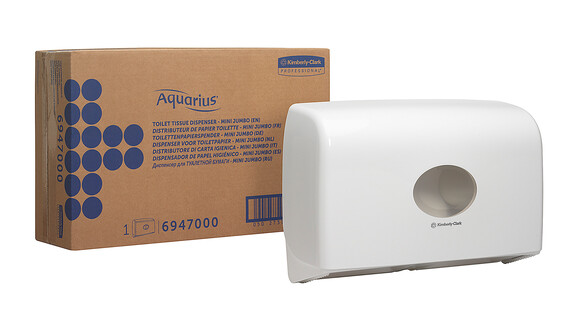 Toilettenpapierspender Kimberly-Clark Aquarius™ Twin Mini Jumbo 6947, L 29,2 cm x B 45,9 cm x H 12,3 cm, weiß, manuelle Entnahme, Verschlussart: Schlüssel und Druckknopf, A-Nr.: 18283 - 02