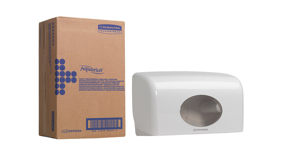 Toilettenpapierspender Kimberly-Clark Aquarius™ Twin Kleinrollen 6992, L 18 cm x B 29,8 cm x H 12,8 cm, weiß, manuelle Entnahme, Verschlussart: Schlüssel und Druckknopf, A-Nr.: 18285 - 02