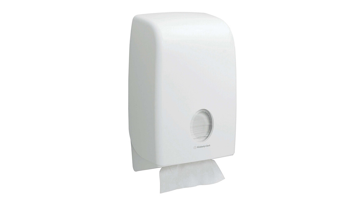 Falthandtuchspender Kimberly-Clark Aquarius™ 6945, L 13,6 cm x B 26,5 cm x H 39,9 cm, weiß, manuelle Entnahme, Verschlussart: Schlüssel und Druckknopf, A-Nr.: 18293 - 01