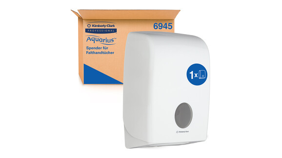 Falthandtuchspender Kimberly-Clark Aquarius™ 6945, L 13,6 cm x B 26,5 cm x H 39,9 cm, weiß, manuelle Entnahme, Verschlussart: Schlüssel und Druckknopf, A-Nr.: 18293 - 02