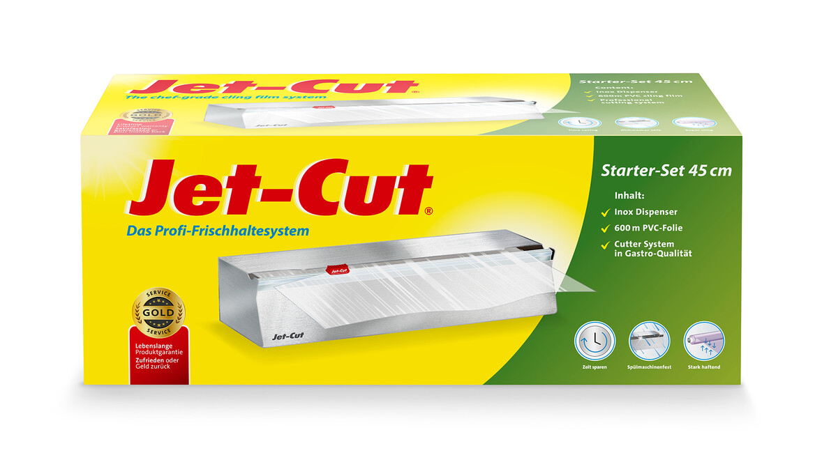 Folienspender Inox Starter-Set für Jet-Cut Refill 450 mm, inkl. 1 Rolle Frischhaltefolie Jet-Cut Refill PVC 450 mm x 600 lfm, A-Nr.: 18902 Folienspender Inox Starter-Set für Jet-Cut Refill 450 mm, inkl. 1 Rolle Frischhaltefolie Jet-Cut Refill PVC 450 mm x 600 lfm, A-Nr.: 18902 - 01